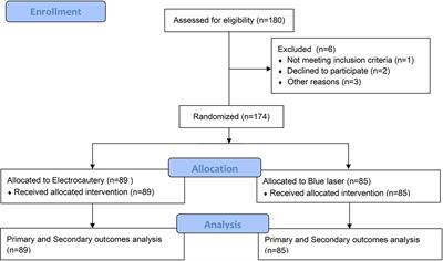 Efficacy and safety of a novel 450 nm blue diode laser versus plasmakinetic electrocautery for the transurethral resection of non-muscle invasive bladder cancer: The protocol and result of a multicenter randomized controlled trial